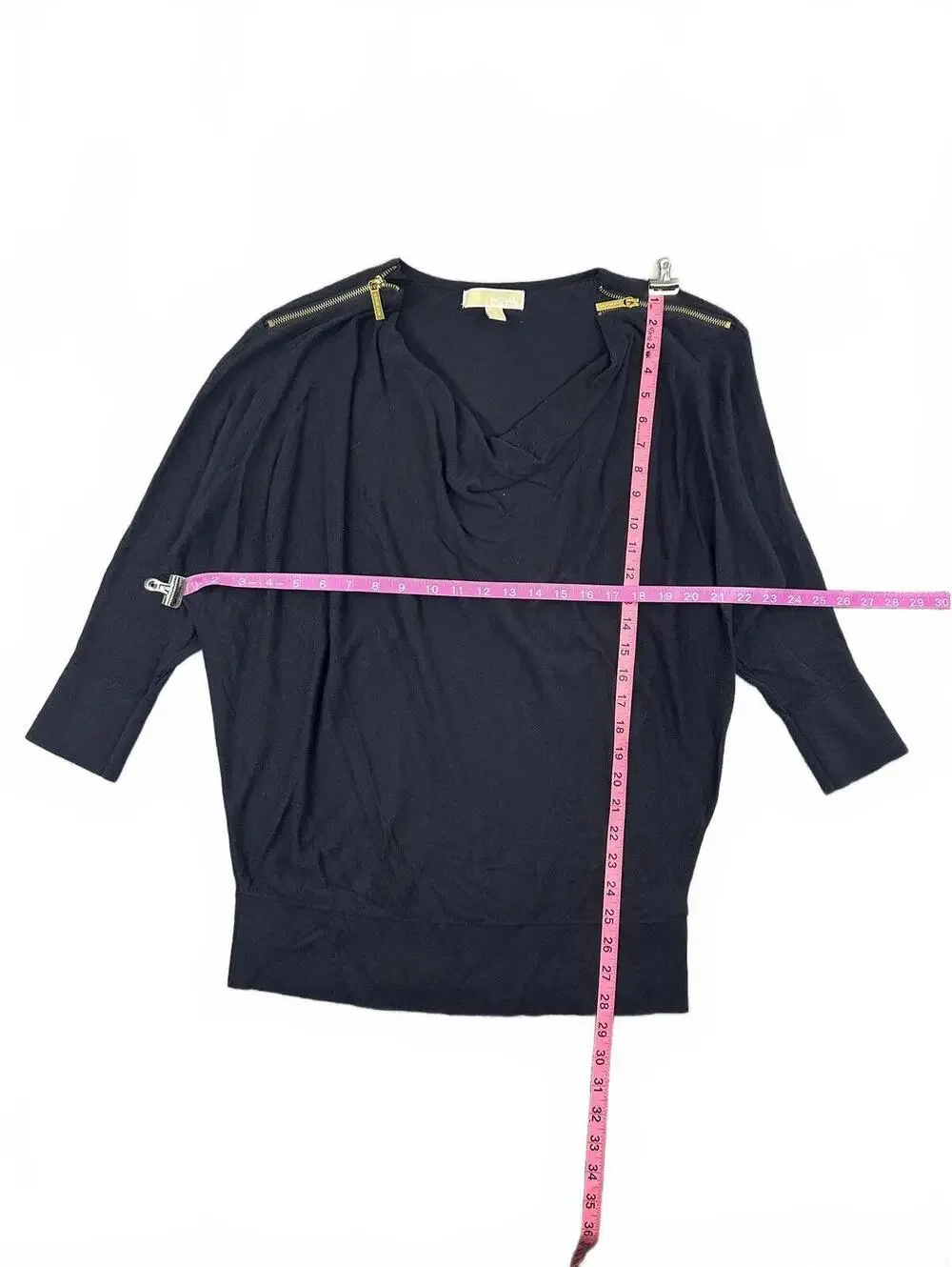 Michael Kors Navy Sweater with Draped Neckline and Gold Zipper Shoulder Accents